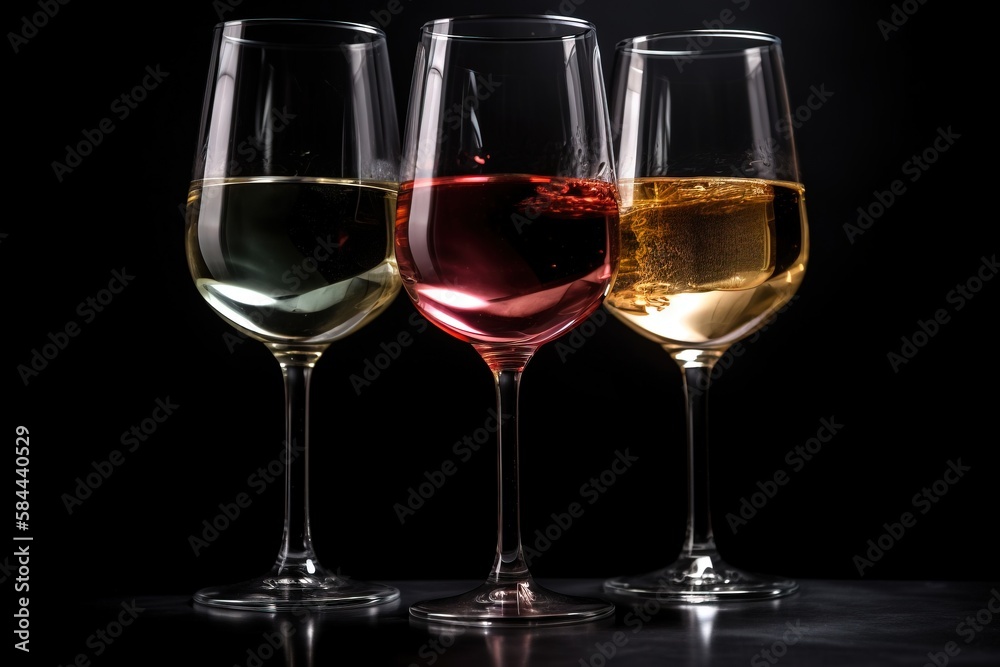  three glasses of wine are lined up in a row on a black surface with a black background and a black background behind them is a black background.  generative ai