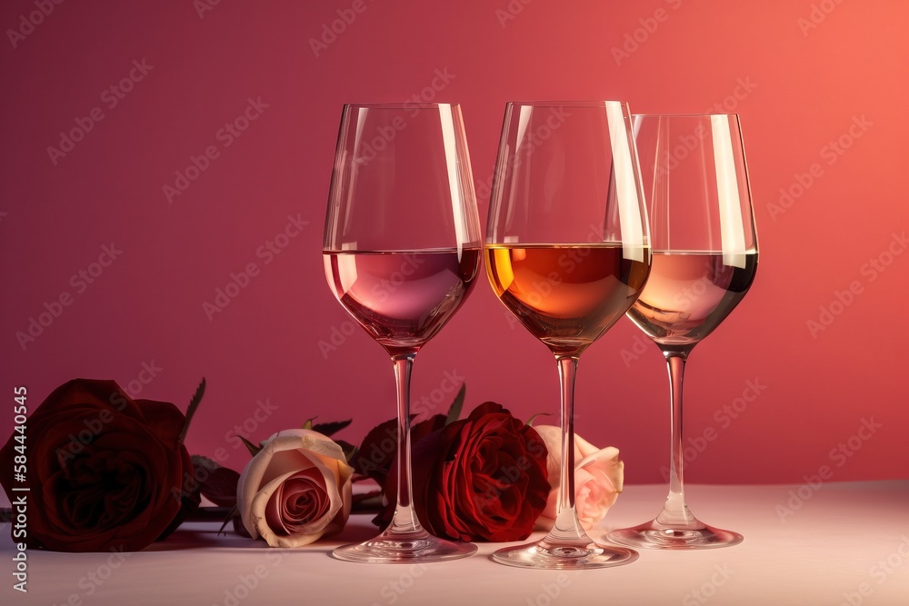 three glasses of wine and a rose on a pink background with a pink rose in the foreground and a red rose in the background. generative ai three glasses of wine and a rose on a pink background with a pink rose in the foreground and a red rose in the background. generative ai