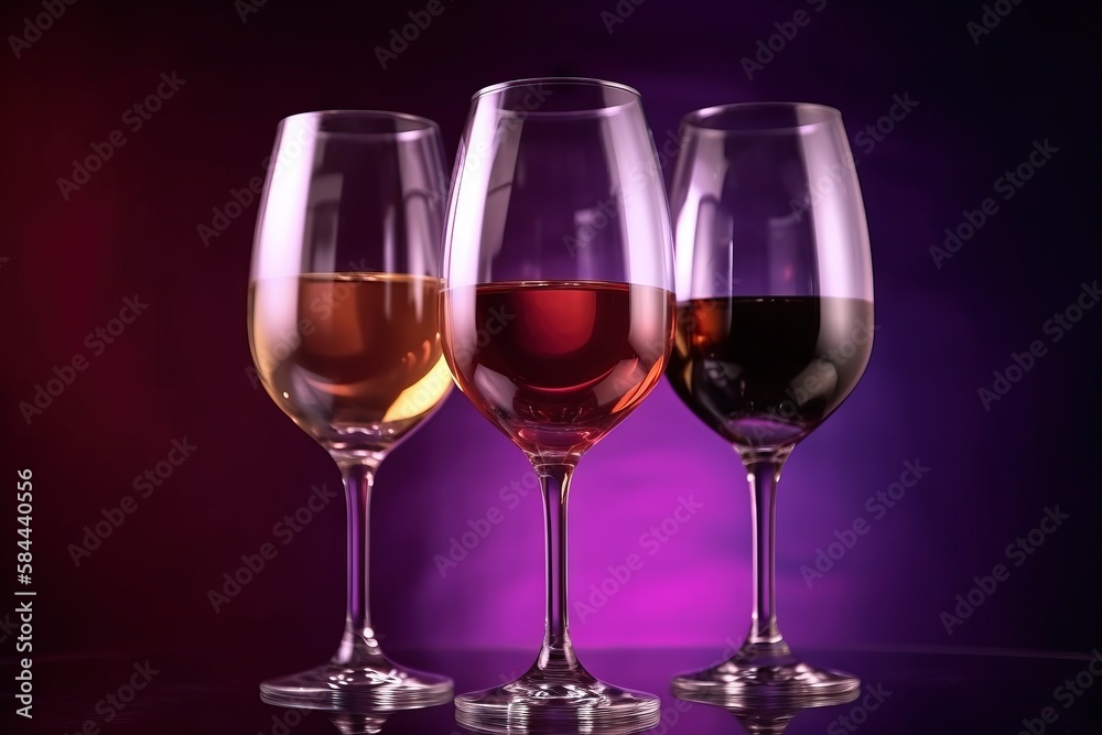 three glasses of wine sitting on a table with a purple background behind them and a purple background behind the glasses with a red, white, red, and black, and. generative ai three glasses of wine sitting on a table with a purple background behind them and a purple background behind the glasses with a red, white, red, and black, and. generative ai