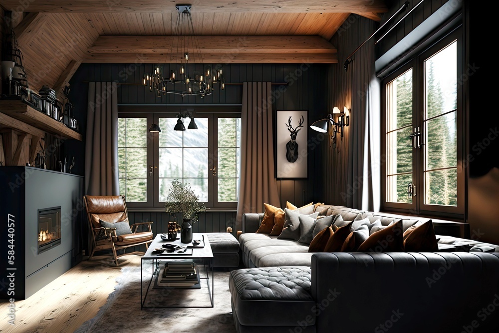 chalet interior of brown living room with black interior and dark