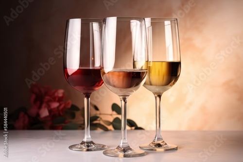  three glasses of wine are sitting on a table with a rose in the backgrouf of the glass and a rose in the backgrouf. generative ai