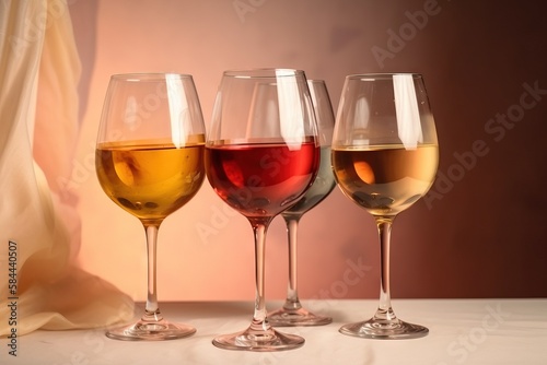  three glasses of wine are lined up in a row on a white tablecloth with a curtain in the back ground and a curtain in the background.  generative ai