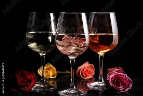  three wine glasses with different wines in them and a rose in the middle of the glasses on a black background with a reflection of the wine. generative ai