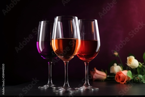  three glasses of wine sitting on a table next to a bouquet of roses and a vase of flowers on a table top with a purple background. generative ai