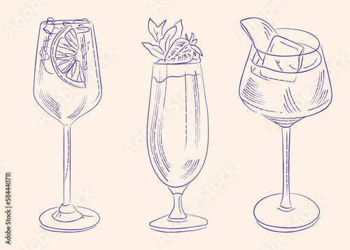 Three glasses with a cocktail. aperol sangria vector illustration for the menu