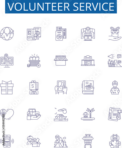 Volunteer service line icons signs set. Design collection of Volunteering, Service, Helping, Donating, participating, aiding, assisting, sharing outline concept vector illustrations