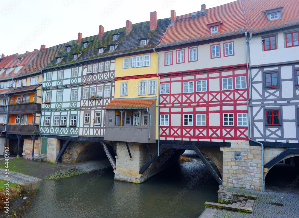 Naklejka premium Erfurt, Germany, historical houses on the famous Kraemerbridge