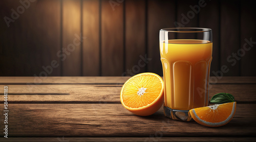 A glass of orange juice with a slice of orange next to it on a dark wooden background, banner, space for text. AI generated