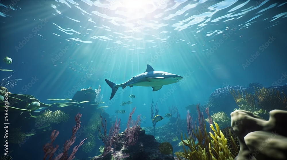Fototapeta premium Holographic shark in the sea AI Generated