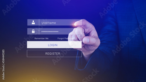 cyber security and Security password login online concept Hands typing and entering username and password of social media, login with online bank account, data protection hacker