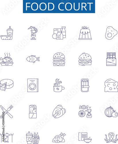 Food court line icons signs set. Design collection of Cafeteria, Eateries, Canteen, Bistro, Delicatessen, Bistro, Grill, Kiosk outline concept vector illustrations