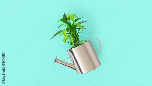 Metal watering can with green fresh plant inside. The watering can bends down, water pours, drops in a cartoon drawn comic style. Looped video, water the plants, take care of nature.
