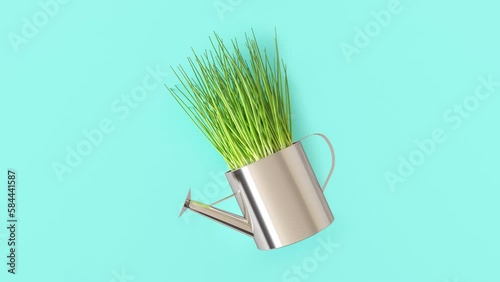 Metal watering can with green fresh grass inside. The watering can bends down, water pours, drops in a cartoon drawn comic style. Looped video, water the plants, take care of nature.