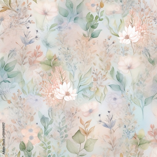 A soft, pastel-colored watercolor pattern with delicate floral motifs and subtle texture AI Generative