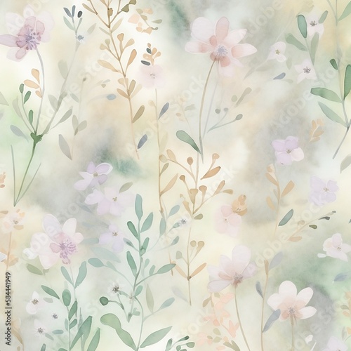 A soft, pastel-colored watercolor pattern with delicate floral motifs and subtle texture AI Generative