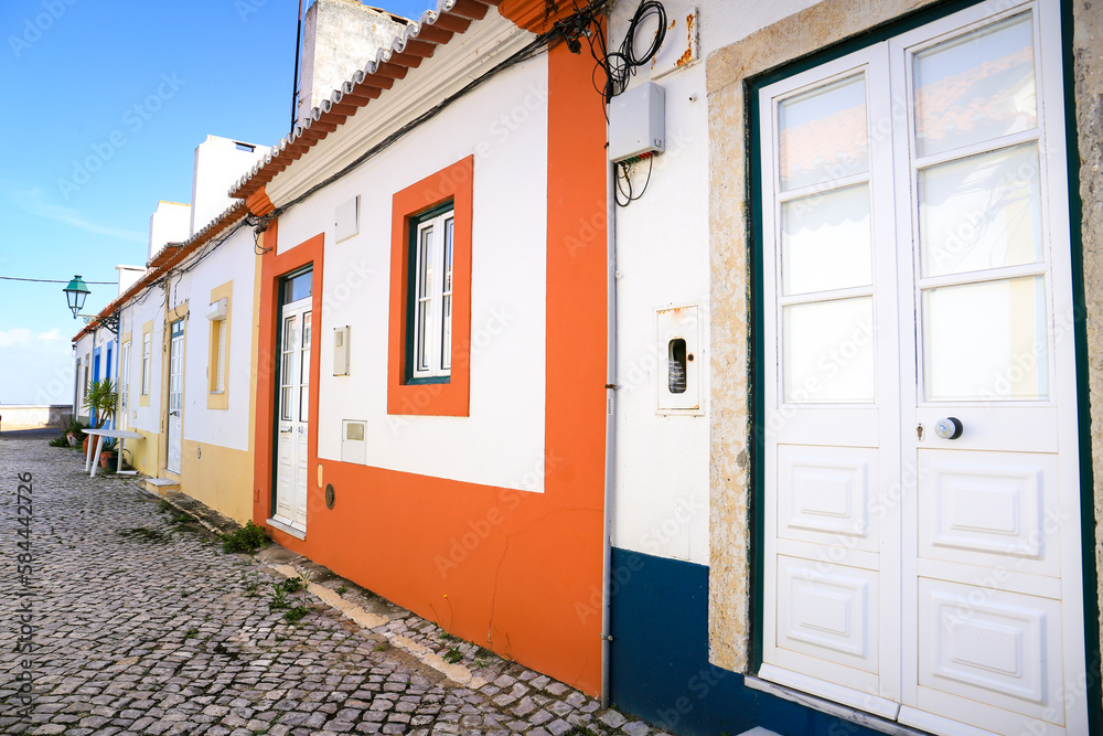 Typical facades in Alcochete town in Portugal