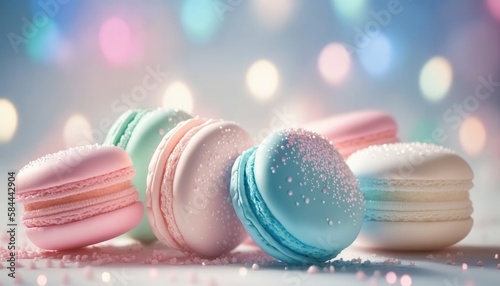 Macarons White Pink Blue Magical Fantasy Bokeh. Generative AI