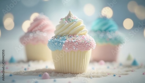 Vanilla Bean Cupcakes White Pink Blue Magical Fantasy Bokeh. Generative AI