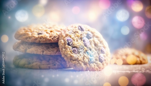 Oatmeal Raisin Cookies White Pink Blue Magical Fantasy Bokeh. Generative AI