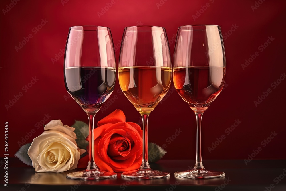 three glasses of wine and a rose on a table with a red wall in the background and a red rose in the foreground with a red rose in the foreground. generative ai three glasses of wine and a rose on a table with a red wall in the background and a red rose in the foreground with a red rose in the foreground. generative ai