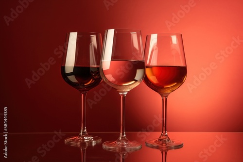  three glasses of wine are sitting on a table with a red wall in the back ground and a red wall in the back ground behind them. generative ai