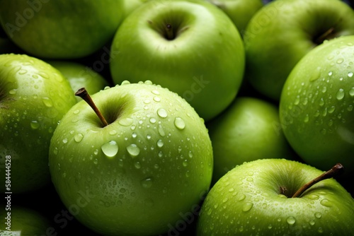  a pile of green apples with water droplets on them and a black background with a white border around the edges of the apples, with the top half of the green apples with water droplets.  generative ai