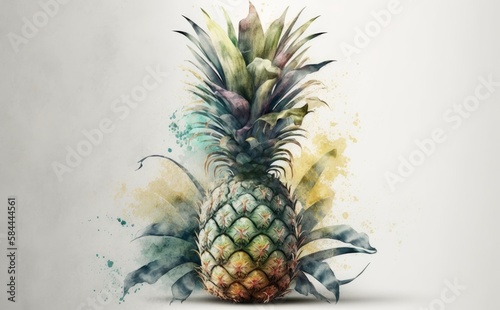 A drawn pineapple on white background watercolor exotic tropical fruit organic food illustrations Generative AI