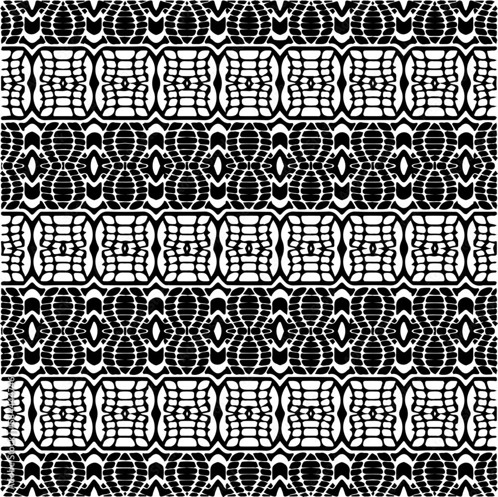Vector geometric seamless pattern. Ornamental background with abstract shapes. Black and white texture. Abstract ornament background. Dark repeat design for decor, fabric, cloth.Abstraction art. Vector geometric seamless pattern. Ornamental background with abstract shapes. Black and white texture. Abstract ornament background. Dark repeat design for decor, fabric, cloth.Abstraction art.