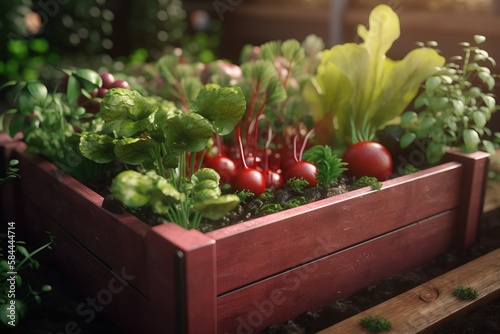  a wooden planter filled with lots of green and red vegetables and plants growing in it's sides and sides of the planter. generative ai