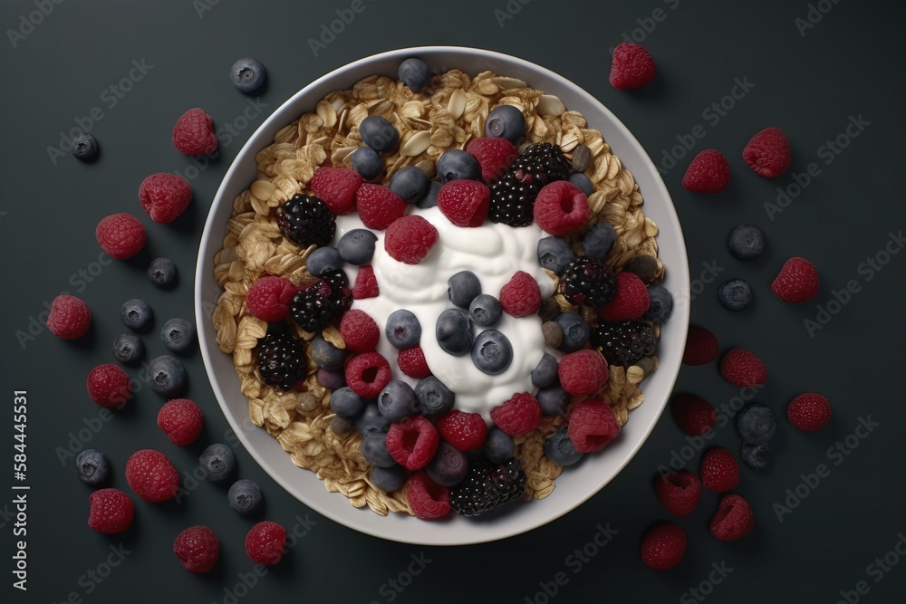 a bowl of cereal with berries, yogurt and blueberries on a black surface with scattered raspberries and blueberries around it. generative ai a bowl of cereal with berries, yogurt and blueberries on a black surface with scattered raspberries and blueberries around it. generative ai