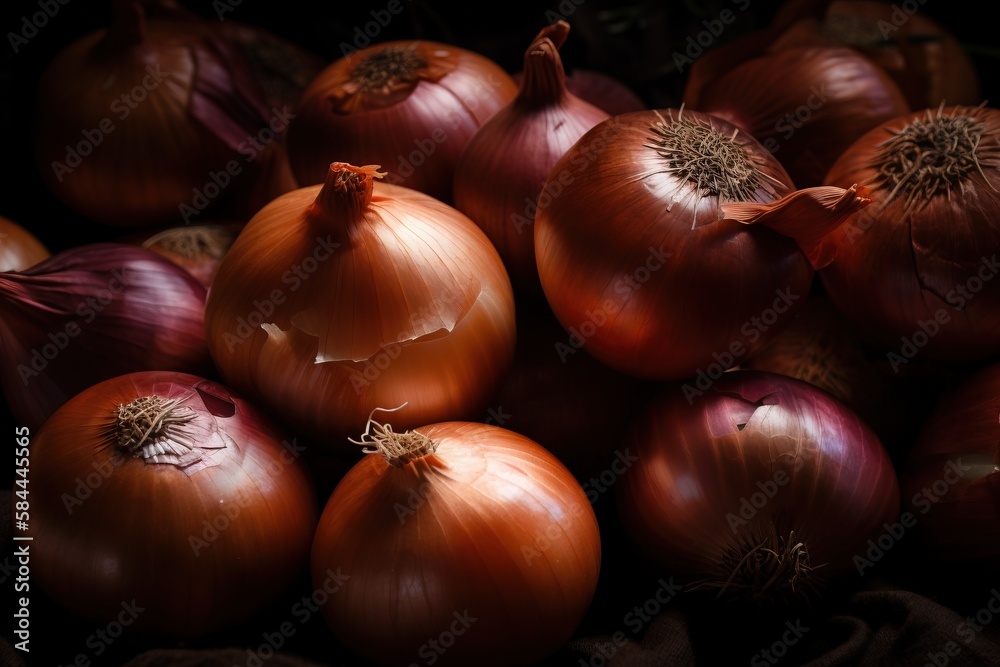 a pile of onions sitting next to each other on top of a cloth covered tablecloth, with one onion still attached to the top of the onion. generative ai a pile of onions sitting next to each other on top of a cloth covered tablecloth, with one onion still attached to the top of the onion. generative ai