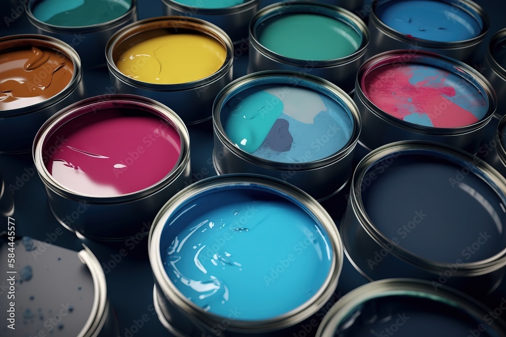 a group of paint cans with different colors of paint in them on a black surface with a black background and a black background with a white border. generative ai a group of paint cans with different colors of paint in them on a black surface with a black background and a black background with a white border. generative ai