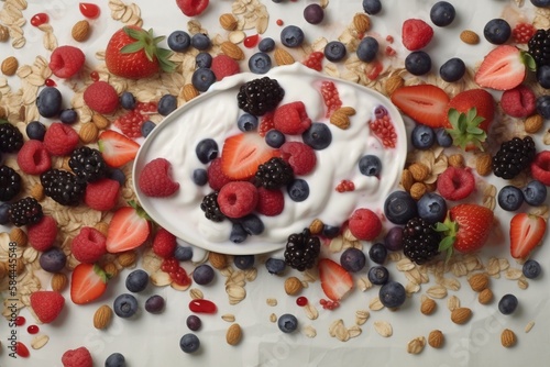  a bowl of yogurt with berries, almonds, blueberries, and strawberries on top of a bed of granola. generative ai