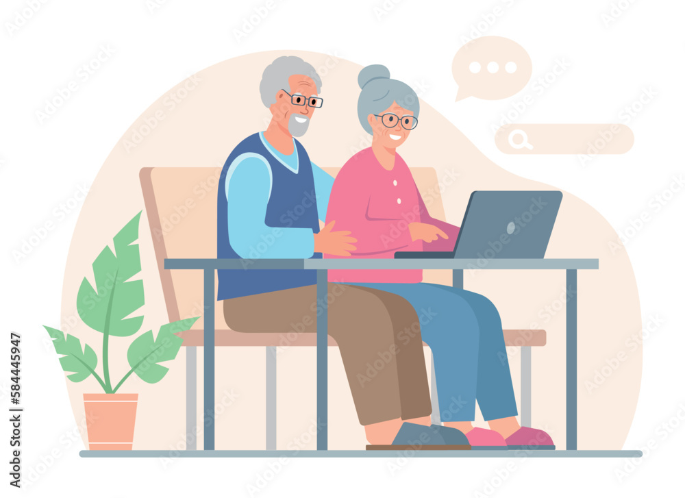 Elderly couple of man and woman with laptop at home. Senior retired people using computer for communication, search of information, social media and online education. Vector illustration. Elderly couple of man and woman with laptop at home. Senior retired people using computer for communication, search of information, social media and online education. Vector illustration.