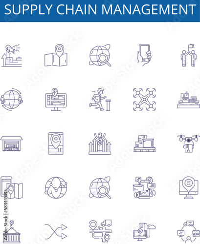 Supply chain management line icons signs set. Design collection of Sourcing, Logistics, Inventory, Procurement, Distribution, Flow, Quality, Processes outline concept vector illustrations
