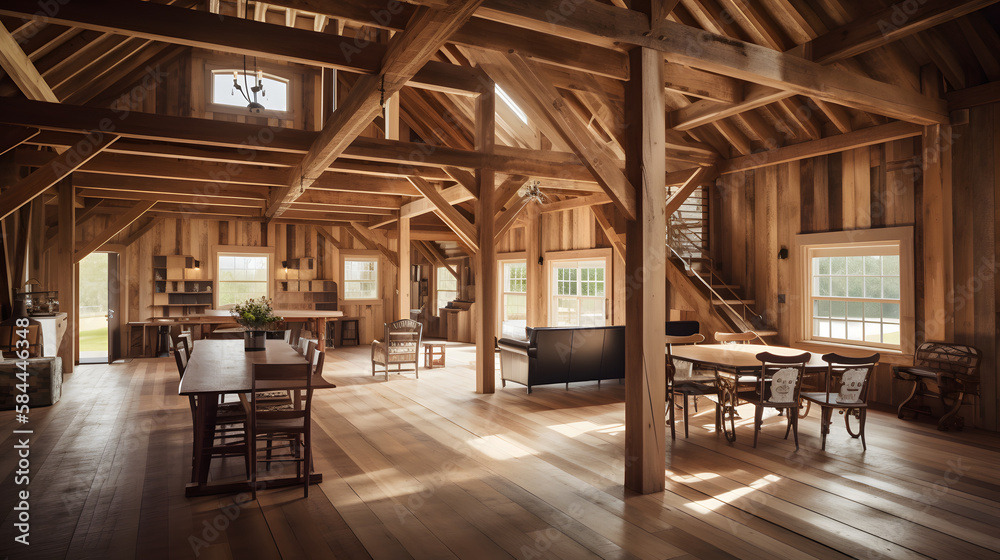 an interior design magazine style photo of the interior of a barn