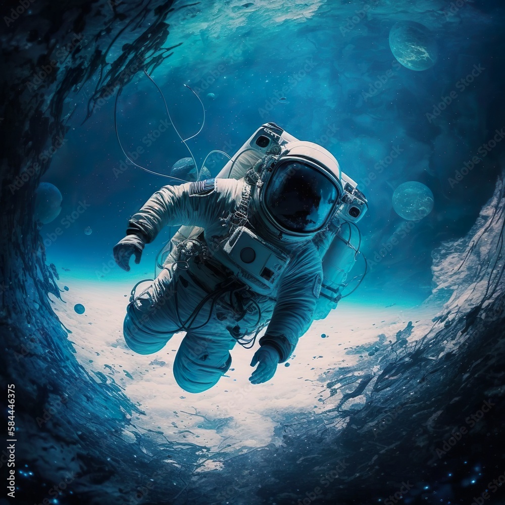 Fototapeta premium Astronaut floating in a blue gas cloud