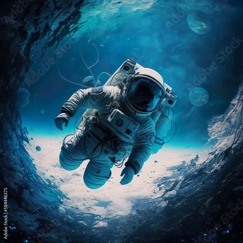 Astronaut floating in a blue gas cloud
