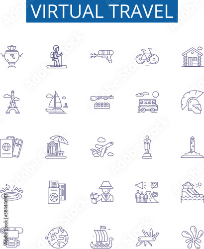 Virtual travel line icons signs set. Design collection of Virtual, Travel, Tour, Explore, Journey, Fly, Sightseeing, Experience outline concept vector illustrations
