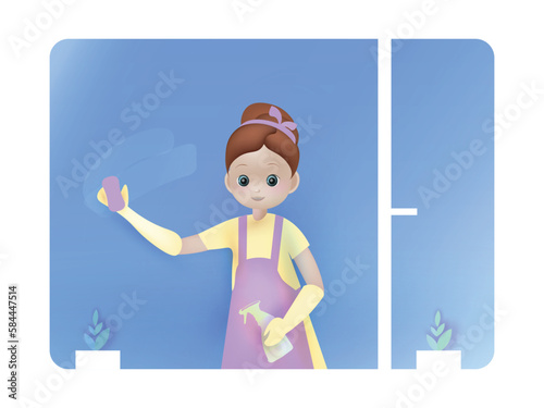 Woman is cleaning windows at home. Happy housewife 3d design. Housework, housewife chores, Housekeeping concept. Cartoon vector Illustration. 