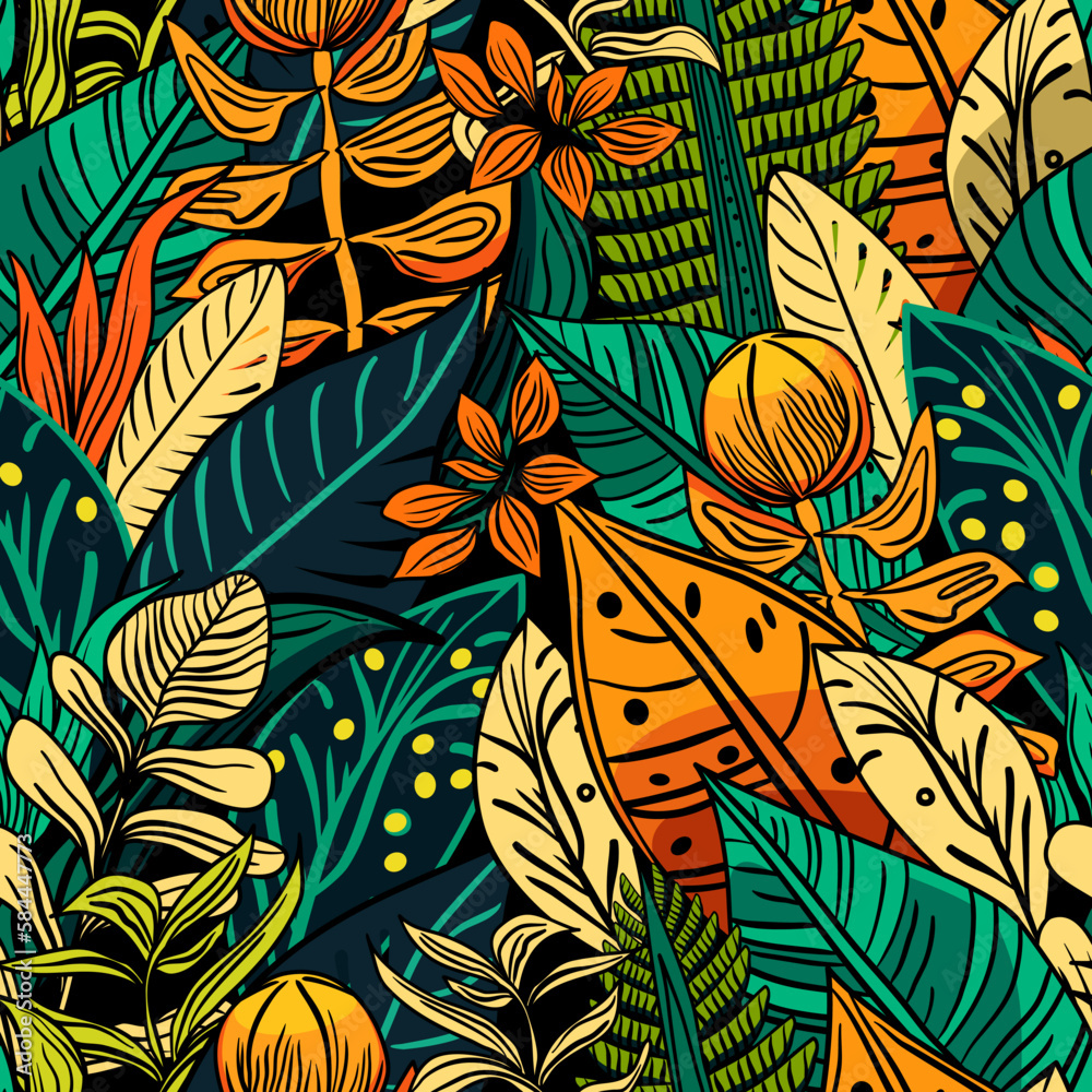 Seamless tropical pattern with flowers and leaves vector illustration 