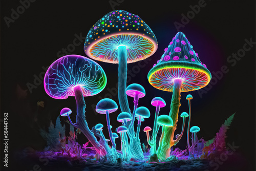 Fantasy illustration of neon color glowing magic mushrooms. Psychedelic background. Generative AI