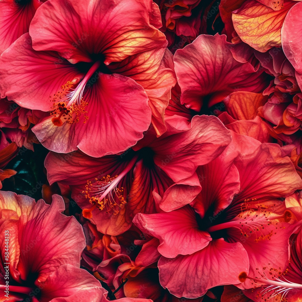 Seamless Abstract Background Tile With A Travel Theme of Hibiscus Flowers - Generative AI.