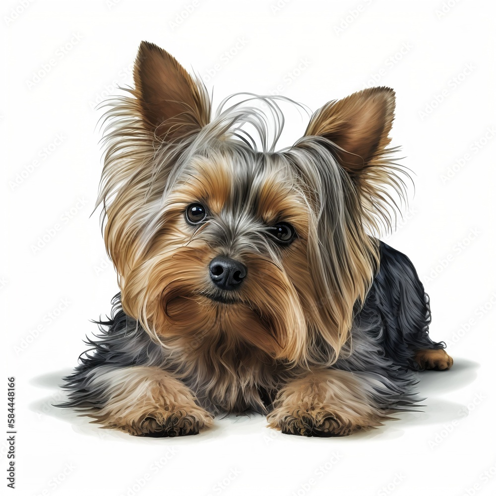 Portrait of a Yorkshire terrier in front of a white background, generated AI Portrait of a Yorkshire terrier in front of a white background, generated AI