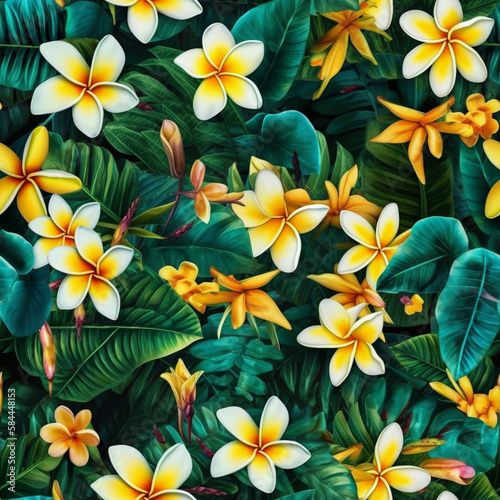 Seamless Abstract Background Tile With A Travel Theme of Plumeria Flowers - Generative AI.