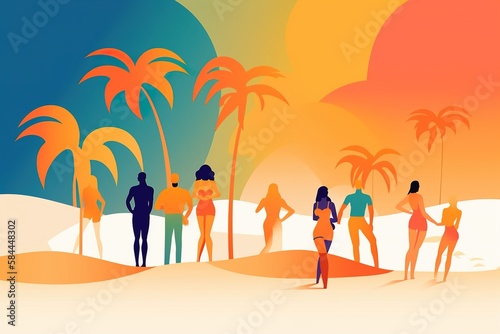 a colorful minimalist illustration of people of different ethnicities having fun on the beach, summer vibes. generative ai