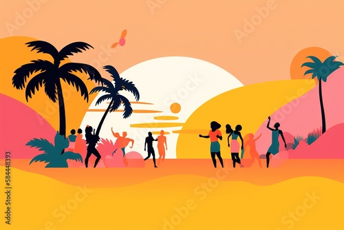 a colorful minimalist illustration of people of different ethnicities having fun on the beach, summer vibes. generative ai