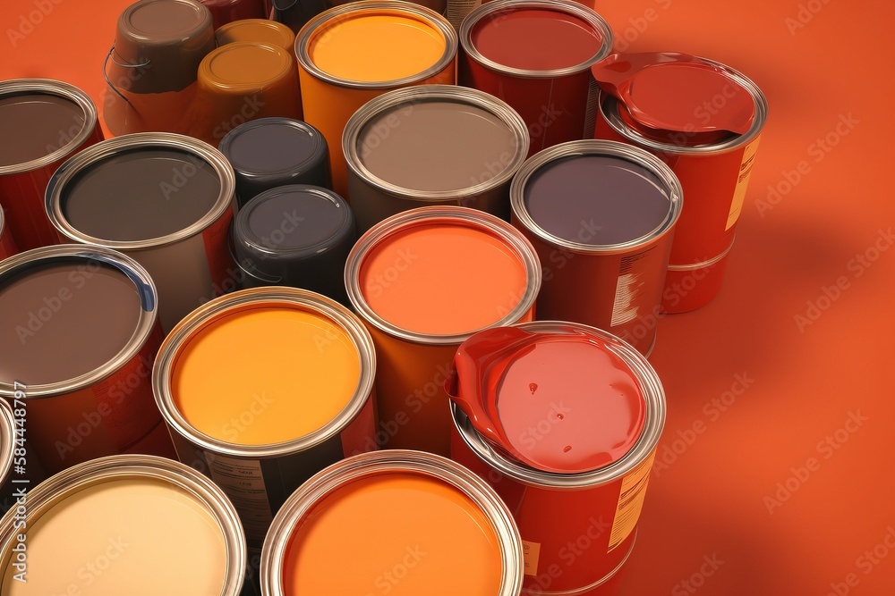 a group of paint cans with different colors of paint in them on an orange background with a red floor and a red wall in the background. generative ai a group of paint cans with different colors of paint in them on an orange background with a red floor and a red wall in the background. generative ai