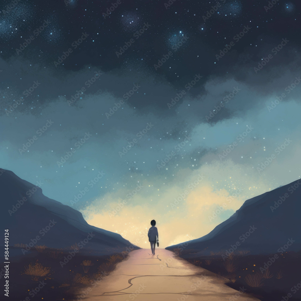 An open road with an orphaned child walking in the middle only pausing to look up at the stars with thoughts of an unknown future.. AI generation.