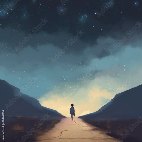 An open road with an orphaned child walking in the middle only pausing to look up at the stars with thoughts of an unknown future.. AI generation.